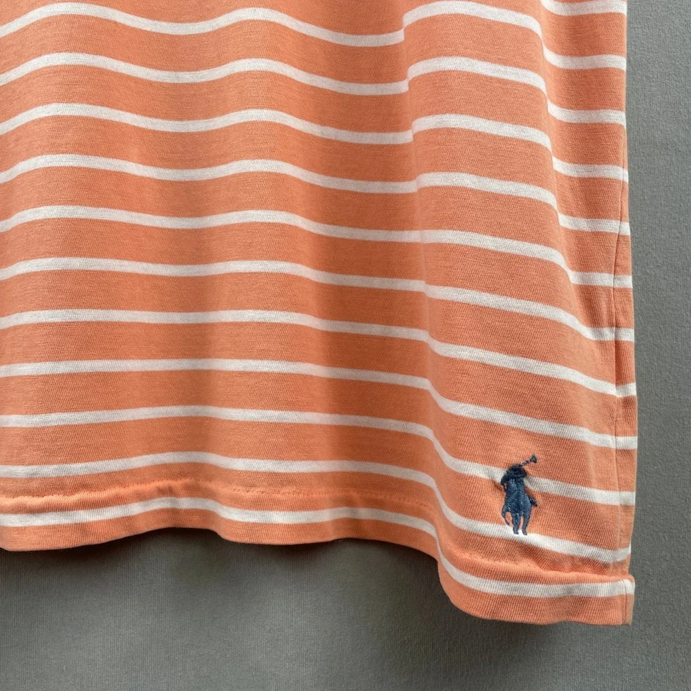 Polo Ralph Lauren Mens XL V-Neck T-Shirt Orange‎ White Striped Cotton Pony Logo